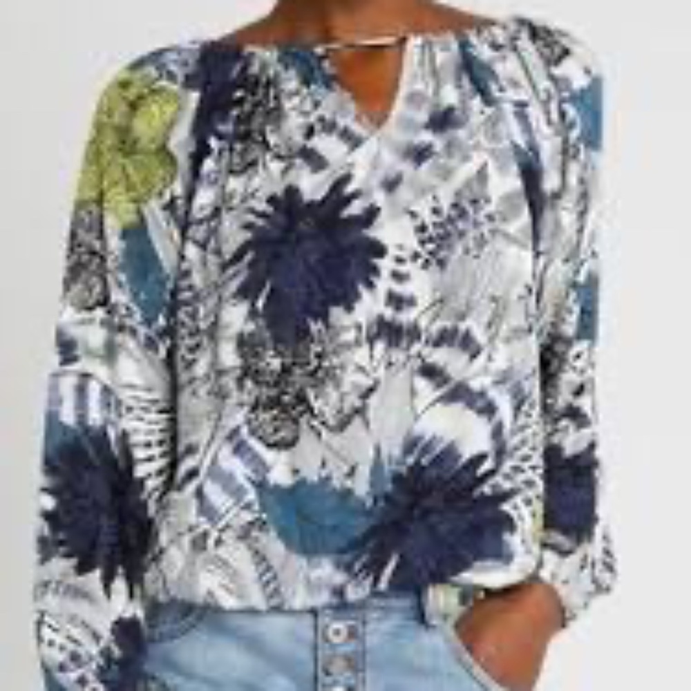 Desigual Pattern Blouse Size Small White Blue